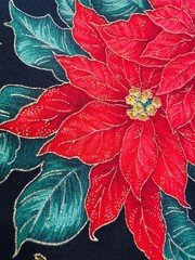 Gold Ribbons Red Poinsettias Green Holly on Black Christmas Cotton Fabric 58″W