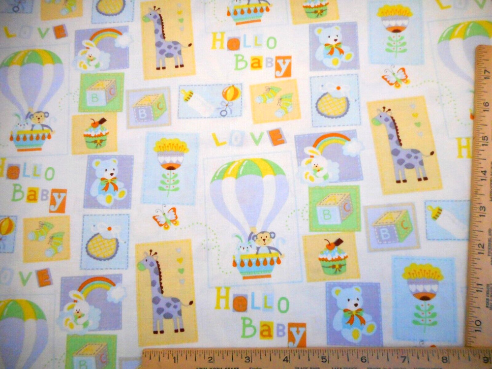 Nursery Fabric By Yard Animal Toy Baby Patch Yellow Blue White Cotton #B C