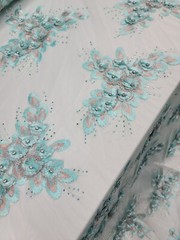 Aqua Mint Beaded Lace 3d Floral Rhinestones Fabric By The Yard Bridal Prom Gown