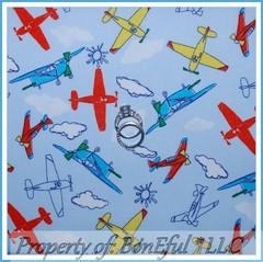BonEful Fabric FQ Cotton Quilt Baby Boy Blue Cloud Sky Airplane Helicopter Retro