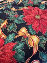 Gold Ribbons Red Poinsettias Green Holly on Black Christmas Cotton Fabric 58″W