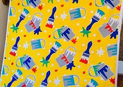 FAT QTR OR YARDAGE PRINCESS FABRICS DAYGLO BIG PAINT POTS, BRUSHES on YELLOW