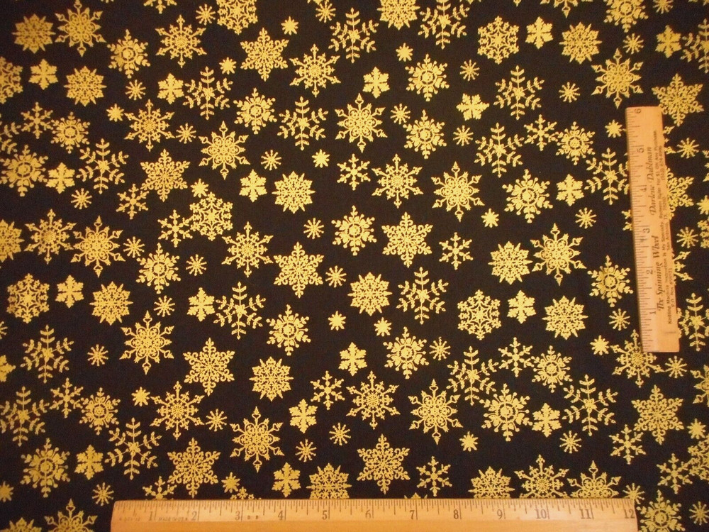 Christmas Fabric By Half-Yard Metallic Gold Snowflakes Black Premium Cotton 10