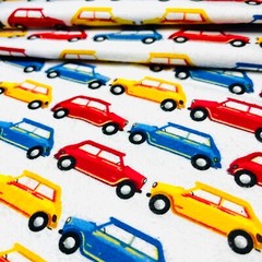 Automobiles Cars Flannel Fabric Red Blue Yellow Cars on White 1 YARD 100% Cotton