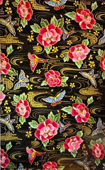 Colorful Butterflies Flowers and Gold Metallic Accent on Black Fabric BTFQ OOP