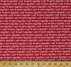 Cotton Happy Valentine’s Day Words Hearts on Red Fabric Print by Yard D376.48