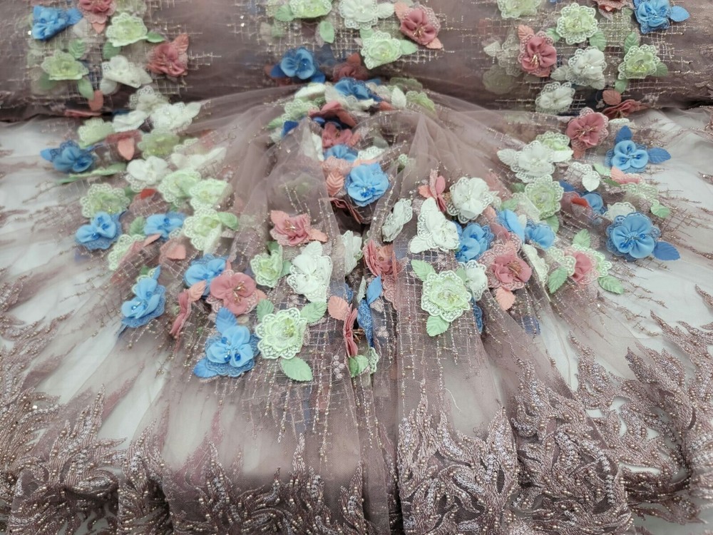 Dusty Rose Beaded Lace 3d Multicolor Floral Fabric Sold by The Yard Quinceañera