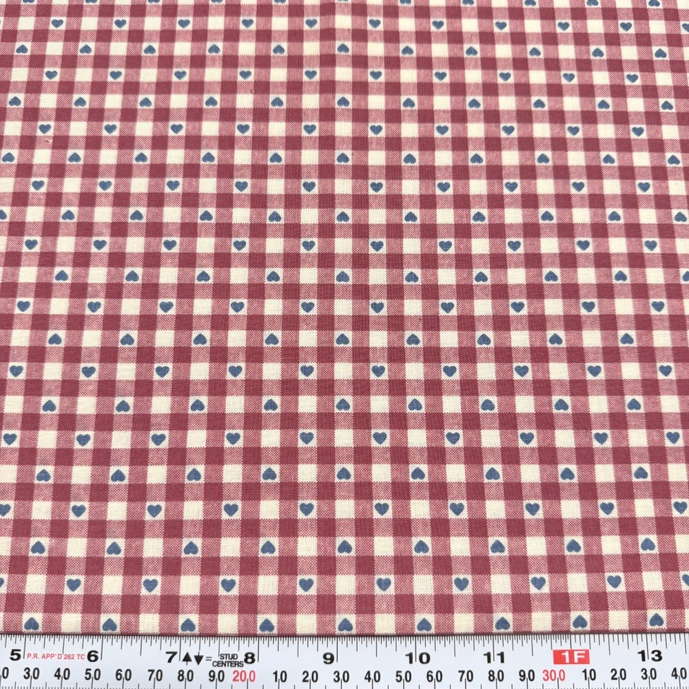 Vintage Blue Heart Mauve Checkered Unbranded Cotton Fabric Remnant 14″ x 43″