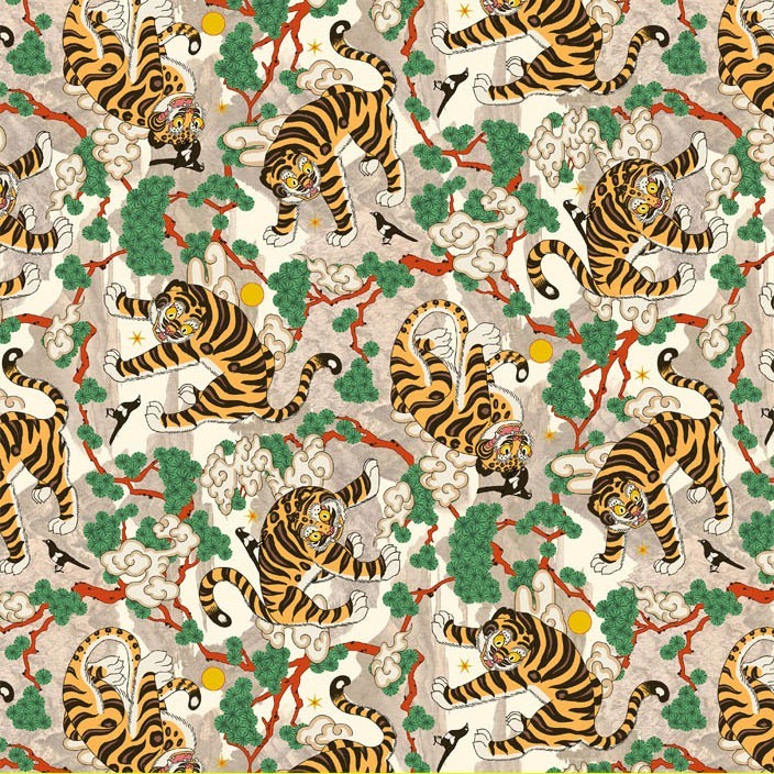 Korean Traditional Magpie & Tiger Beige Patterned Fabric made in Korea BTHY