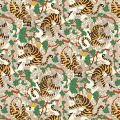 Korean Traditional Magpie & Tiger Beige Patterned Fabric made in Korea BTHY