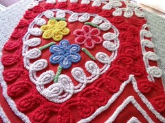 Red Heart Vtg Chenille Bedspread Fabric Piece Colorful Bold Sewing Material