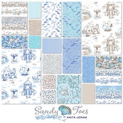 Sandy Toes – Pictorial Stripe Taupe by Anita Jeram for Clothworks – 1/2 yard
