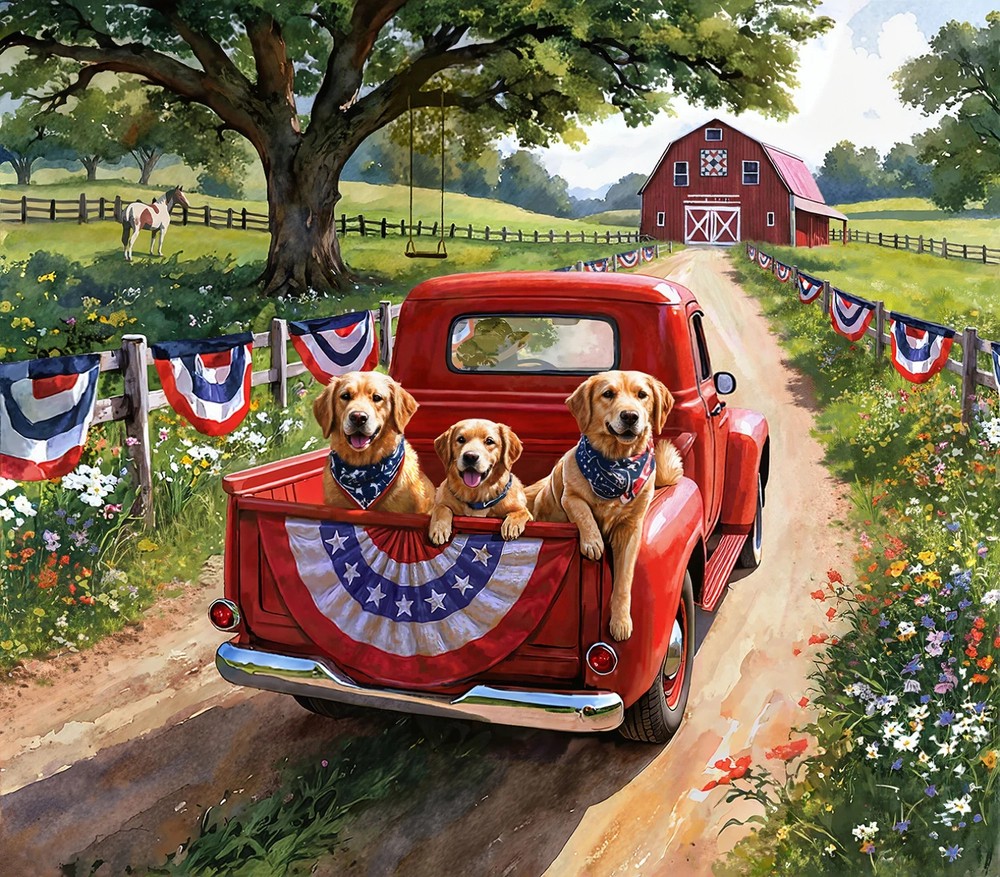 Patriotic Red Truck Roadtrip by Hoffman. Digitally Printed Panel, 36in x 43