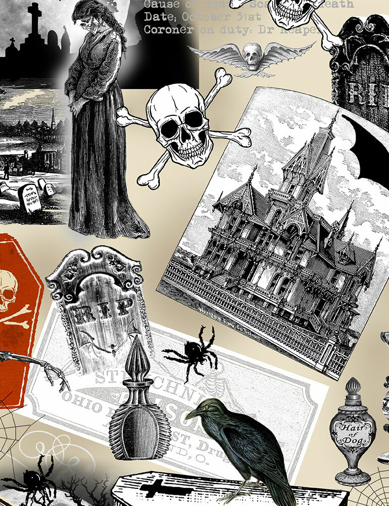 Halloween Fabric BTY, Nevermore Spooky Collage, C8636, Cotton