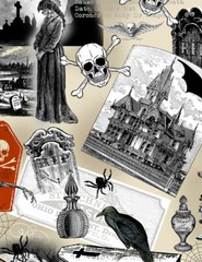 Halloween Fabric BTY, Nevermore Spooky Collage, C8636, Cotton
