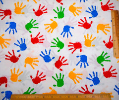 Cotton Fabric 1 3/8 Yard Red Blue Yellow Green Childrens Handprints on White Vtg