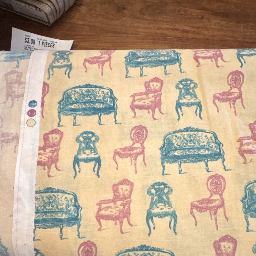 Beige Blue Pink Furniture Chair & Sofa Pattern Novelty Fabric Piece 7.25 yards