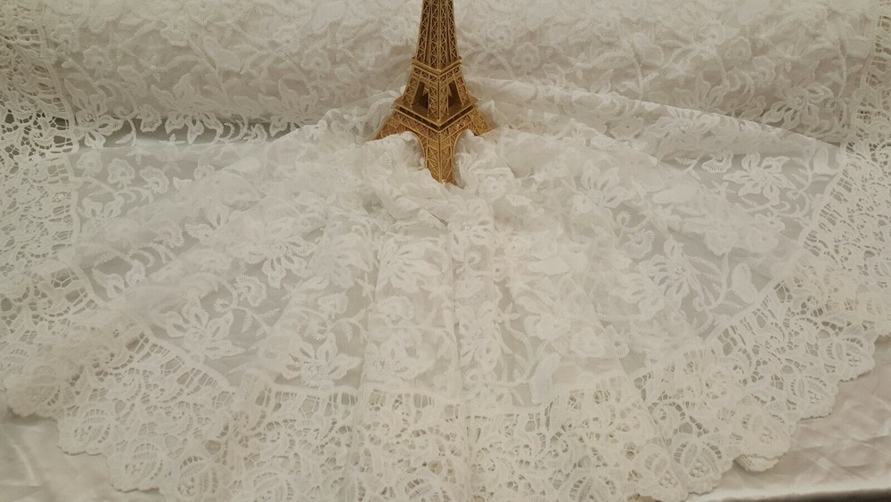 White Lace Embroidery Fabric By Yard Guipure Double Scalloped Flowers Floral