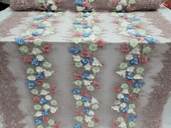 Dusty Rose Beaded Lace 3d Multicolor Floral Fabric Sold by The Yard Quinceañera