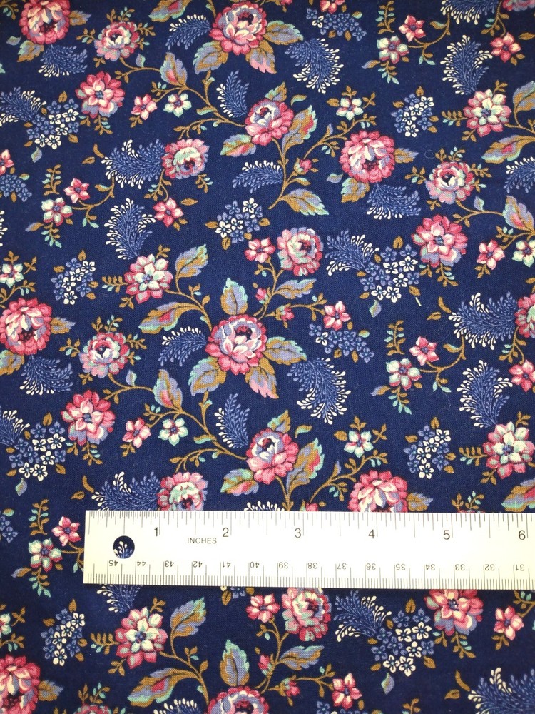3 yards vintage (?) cotton fabric PINK MEDIUM FLORAL navy blue background