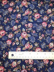 3 yards vintage (?) cotton fabric PINK MEDIUM FLORAL navy blue background