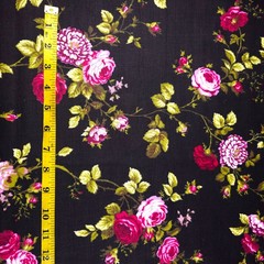 Romantic Ruby Red Floral Fabric | Black Poly-Cotton Blend by the Yard | 58″