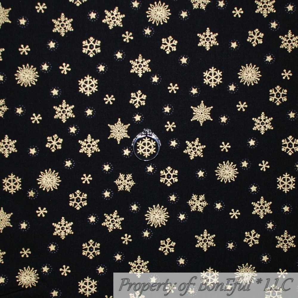 BonEful FABRIC FQ Cotton Quilt Black Gold Metallic Glitter Star Flower Xmas Snow