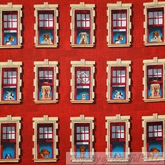 BonEful Fabric FQ Cotton Quilt Red Brick City House Window Puppy Hound Dog Breed
