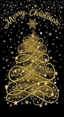 23″ Fabric Panel | Timeless Treasures Merry Christmas Tree Snowflake Black Gold