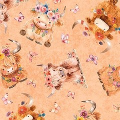 QT Cuties 2 By Quilting Treasures – Peach Baby Highland Cows #31446-C