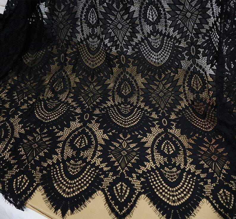 Black Heavy Eyelash Scalloped Lace Apparel Fabric Cloth DIY 59″Wide By The Yard