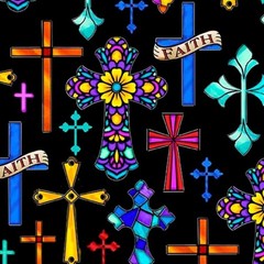 Guardian Angel•Stained Glass Crosses, Religious Fabric! 1yd BTY•Cott•Fast Ship!