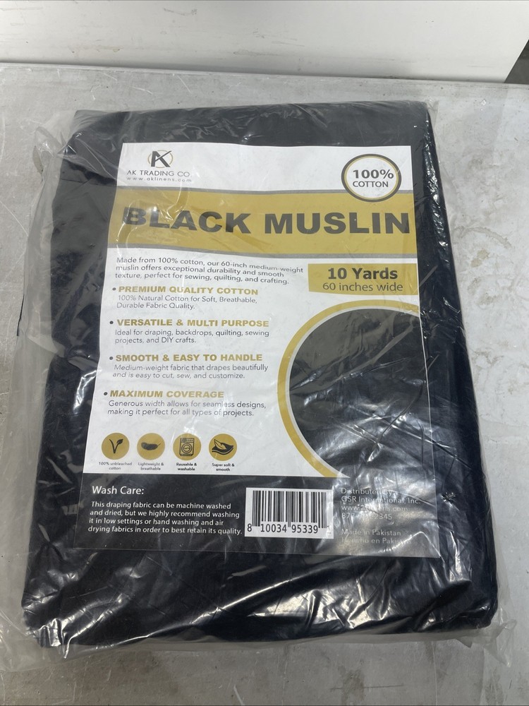 Versatile 60in Wide Black Muslin Fabric – Soft Touch, 10 Yards, Multiple Uses
