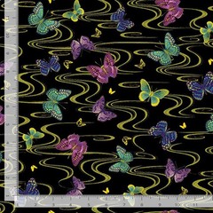 Cotton Floating Butterflies Metallic Gold Black Fabric Print by Yard D486.88