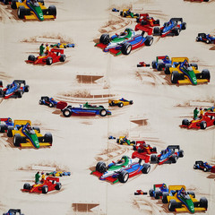 Cranston Racing Fabric 1 Yard Race Cars Multicolor on Light Brown