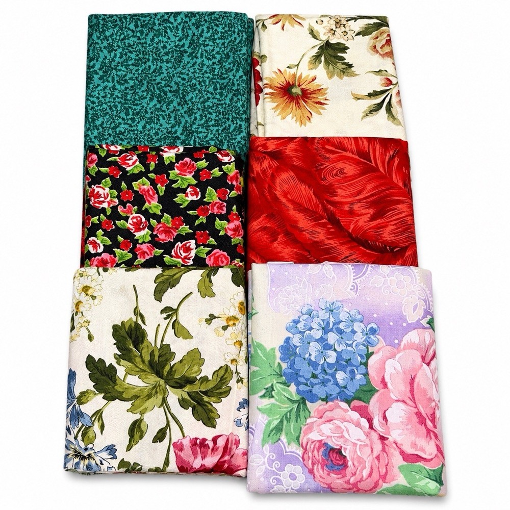 Vintage Fabric Lot 6 Floral Cotton Quilting Sewing Craft Remnants Cottage Prints