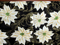 BTHY BLACK W LG WHITE POINSETTIA GOLD ACCENTS COTTON CHRISTMAS FABRIC 44″W QUILT