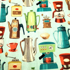 Retro Coffee Time Fabric-Michael Miller-Coffee pots, grinders on aqua 3 yds, 33″