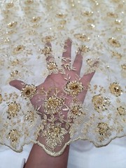 Gold Beaded Lace Fabric Sold By The Yard Embroidered Floral Flowers For Dress