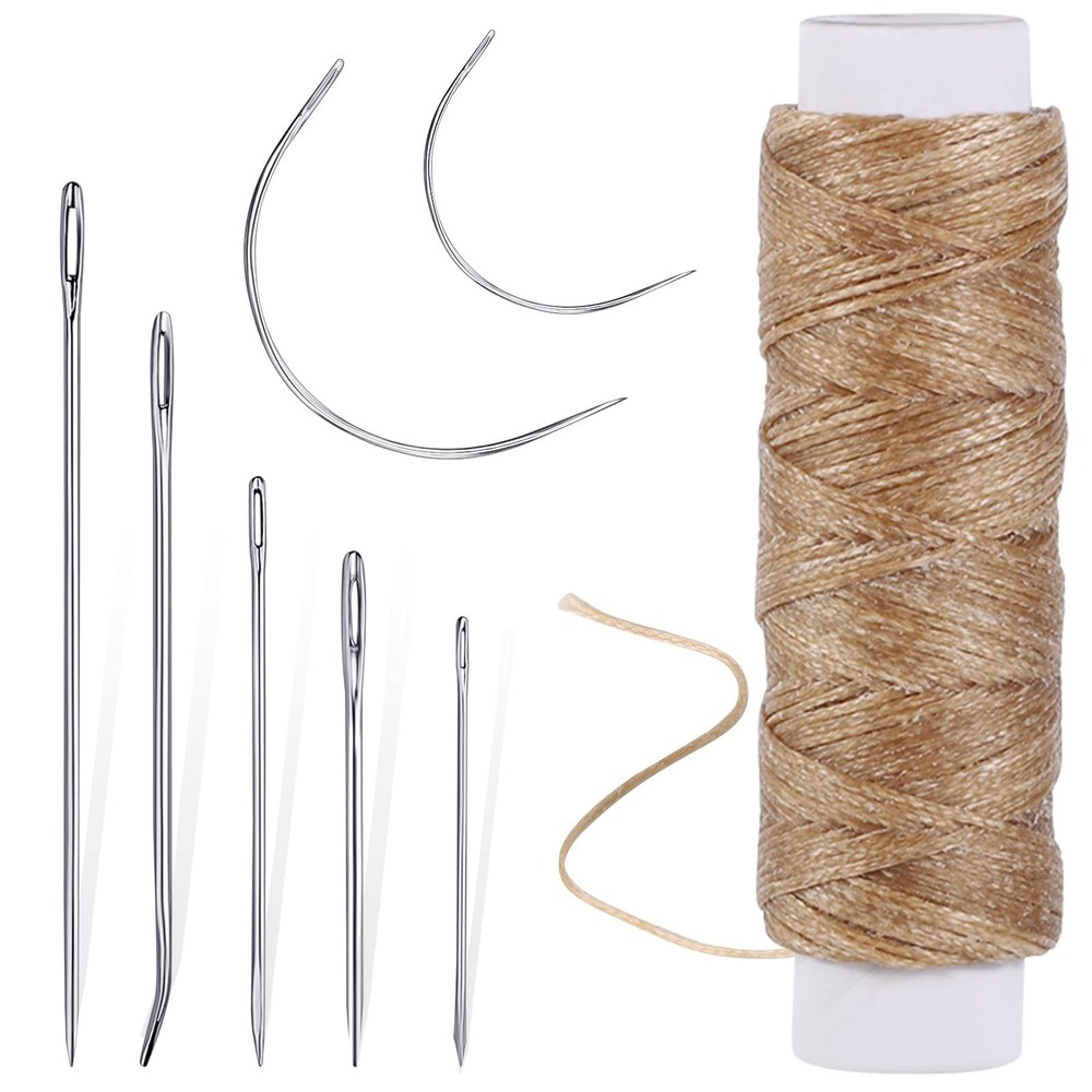 55Yards Waxed Thread with 7 Pcs Leather Needles for Hand Sewing 150D Khaki