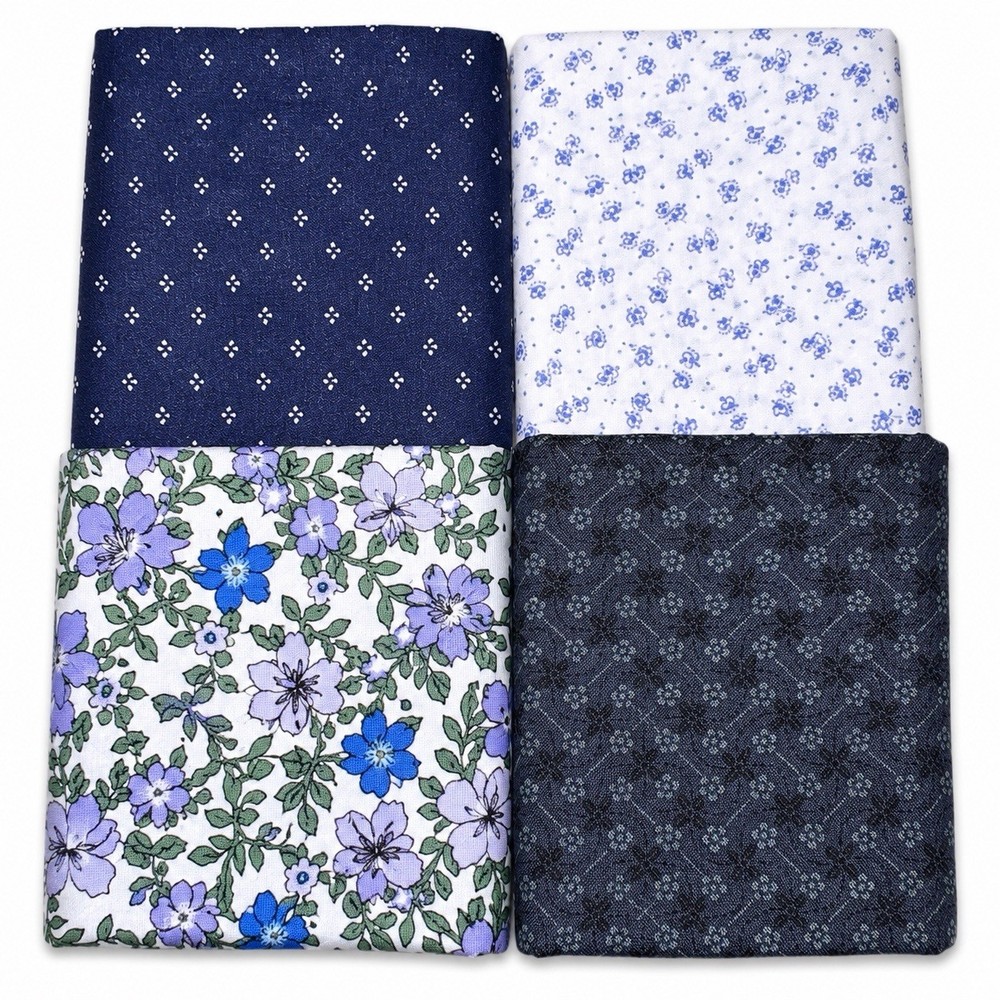 Vintage Floral Blue Cotton Fabric Remnants Lot 4 Pieces Quilt Craft Sewing