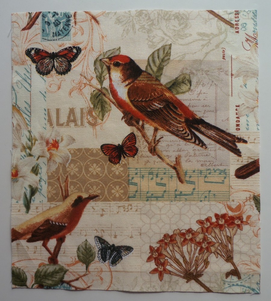 Fabric Cotton Birds Butterfly Music Sheet 7 7/8″ L x 6 7/8″ W Tan Background