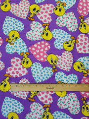 Vtg 1994 Tweety Bird Hearts Purple Fabric Warner Bros Lovables Novelty BTY x 45″