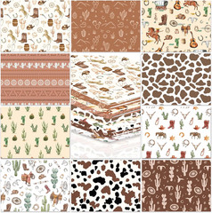 10Pcs Western Cowboy Fabric Squares Brown Cowboy Hat Boot Cacti Cow Print Cotton
