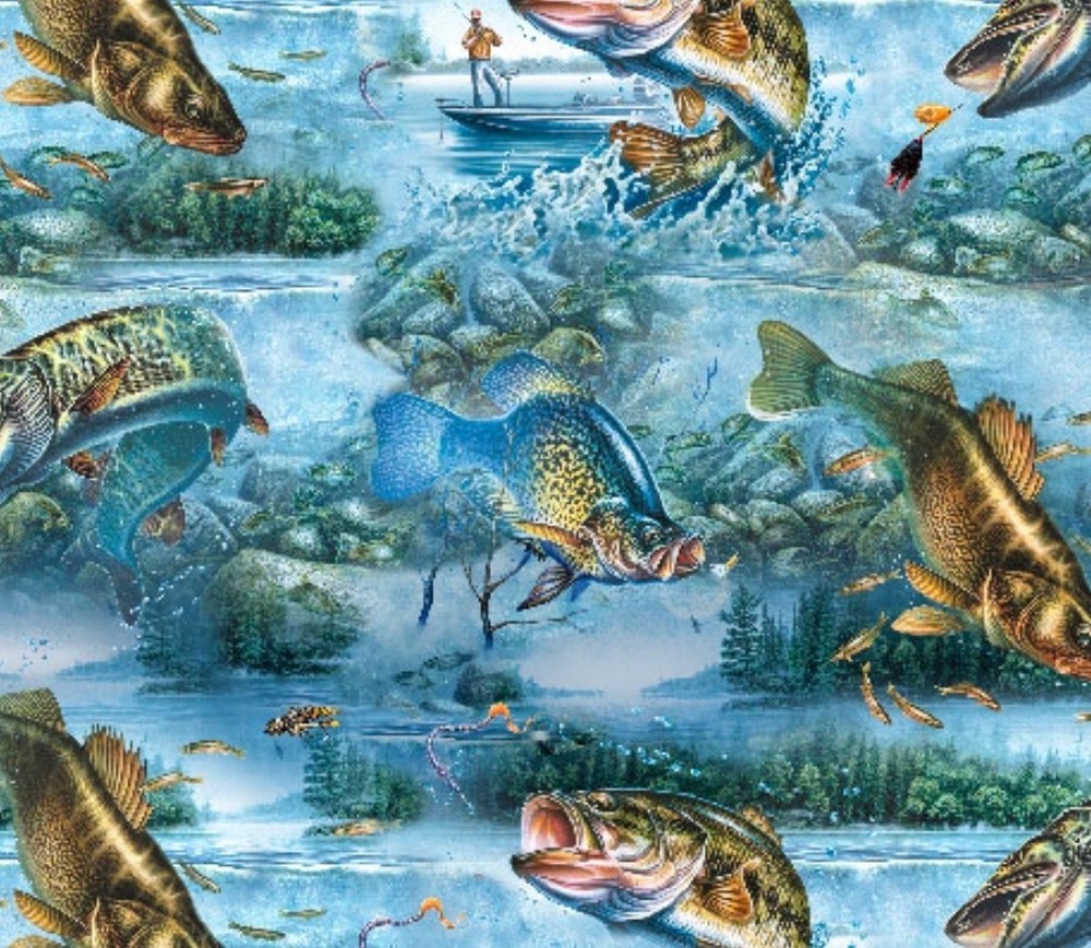 “The Lure Of Fishing” Scenic Lake, Fish, Fishing Fabric-100%Cott 1 yd*BTY*FastSh
