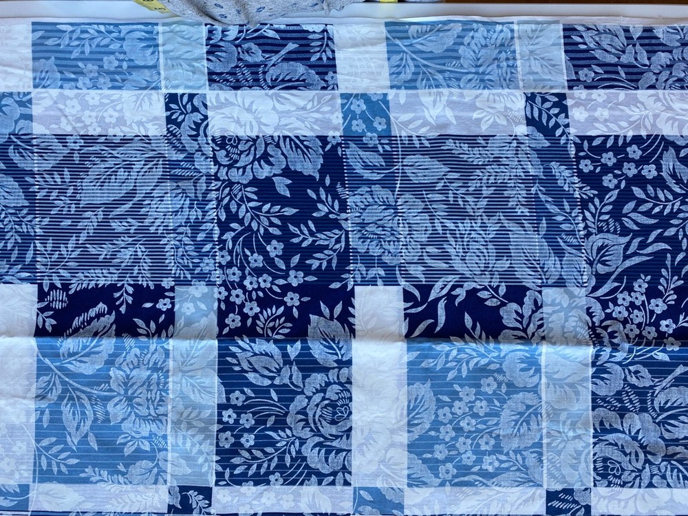 CRANSTON FABRIC~Crantex~EMBOSSED BLUE WHITE SQUARES~Floral Stripes~4.5 YDS~Navy~