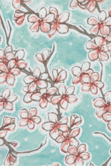 Oilcloth Fabric Cherry Blossom Fuji Aqua Blue Pattern Sold in Yard or Bolt