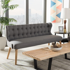Stylish Grey Fabric & Natural Wood 3-Seater Settee Bench