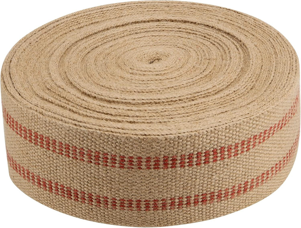 3.5 Inches x 33 Yards Natural Jute Upholstery Webbing with Red Stripes Burlap