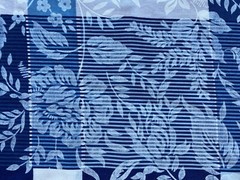 CRANSTON FABRIC~Crantex~EMBOSSED BLUE WHITE SQUARES~Floral Stripes~4.5 YDS~Navy~